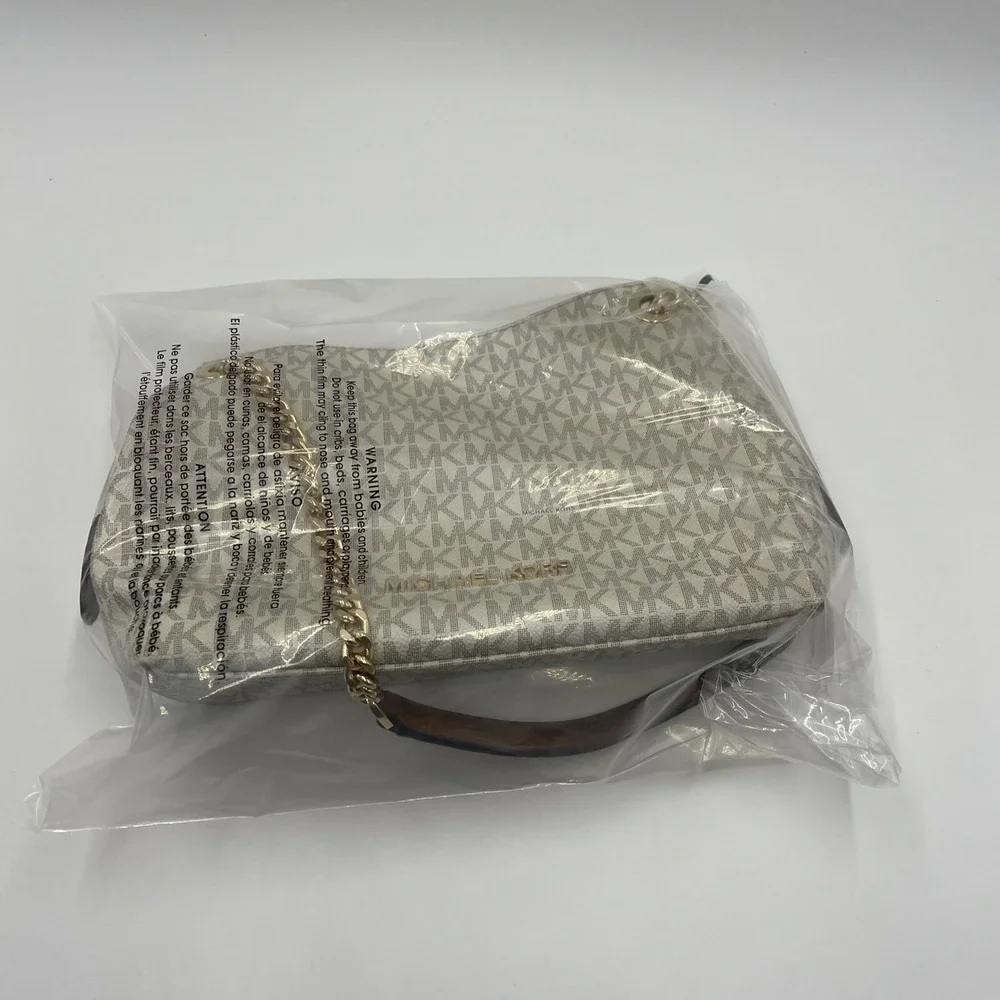 Michael Kors Jet Set Travel Beige Signature MK Logo Chain Shoulder‎ Tote Bag - Picture 16 of 16